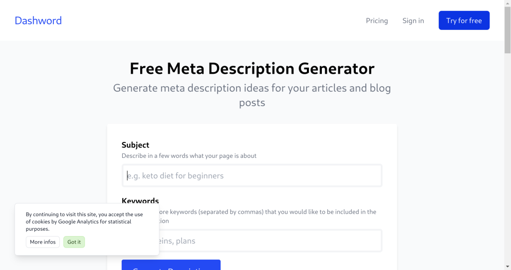 Meta Description Generator by Dashword